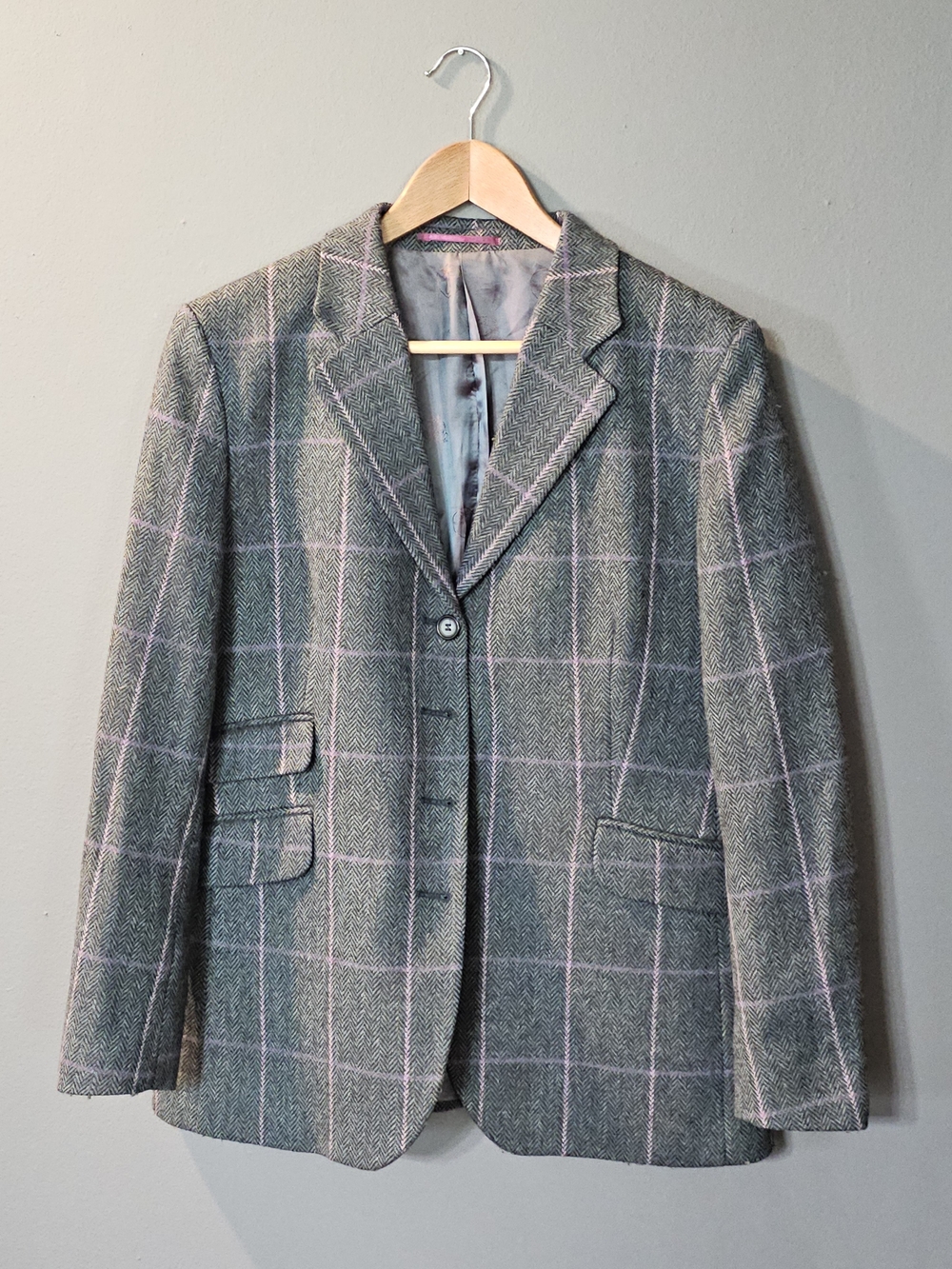 James Peter James British Wool Tweed Blazer Grey‎ Purple Herringbone Womens 14